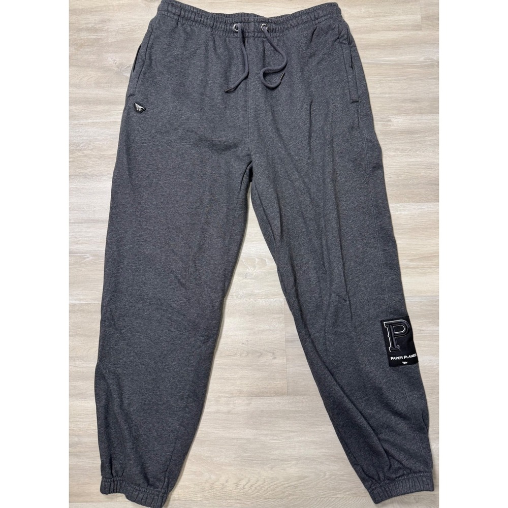 Paper Planes Mens Jogger Sweatpants Medium Charcoal Gray Logo Patch Streetwear